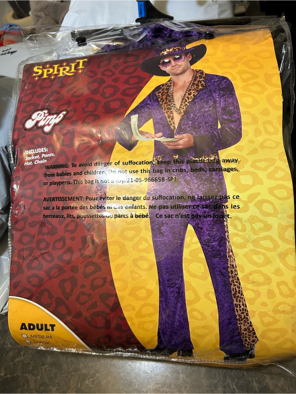 Spirit Halloween Pimp Costume Adult XL Purple Leopard Jacket Pants Hat Chain New